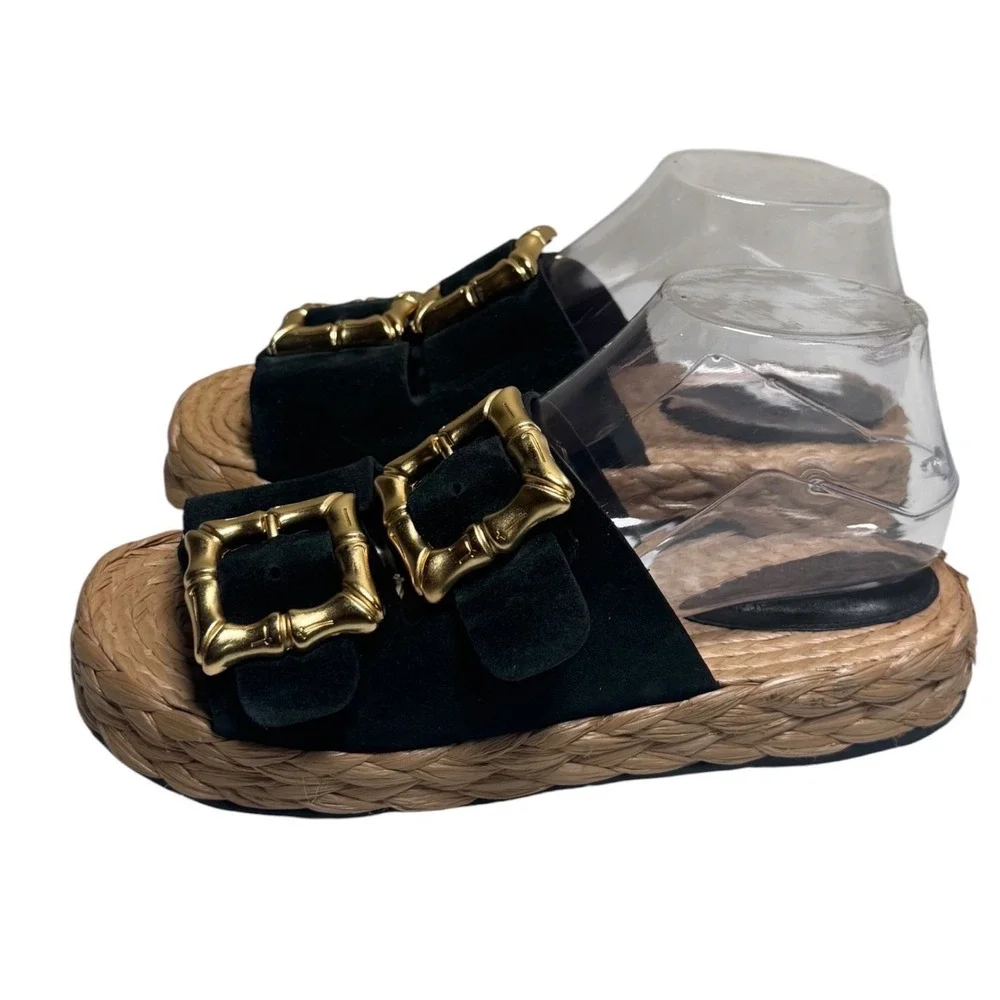 Schutz Enola Rope Platform Sandal Black Suede Gold Bamboo Buckle Womens 7.5B